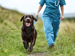 Veterinary Professional Walking a Happy Labrador Retriever Outdoors