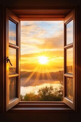 Captivating sunrise through an open window, showcasing a tranquil lake and forest, perfect for nature and travel themes.