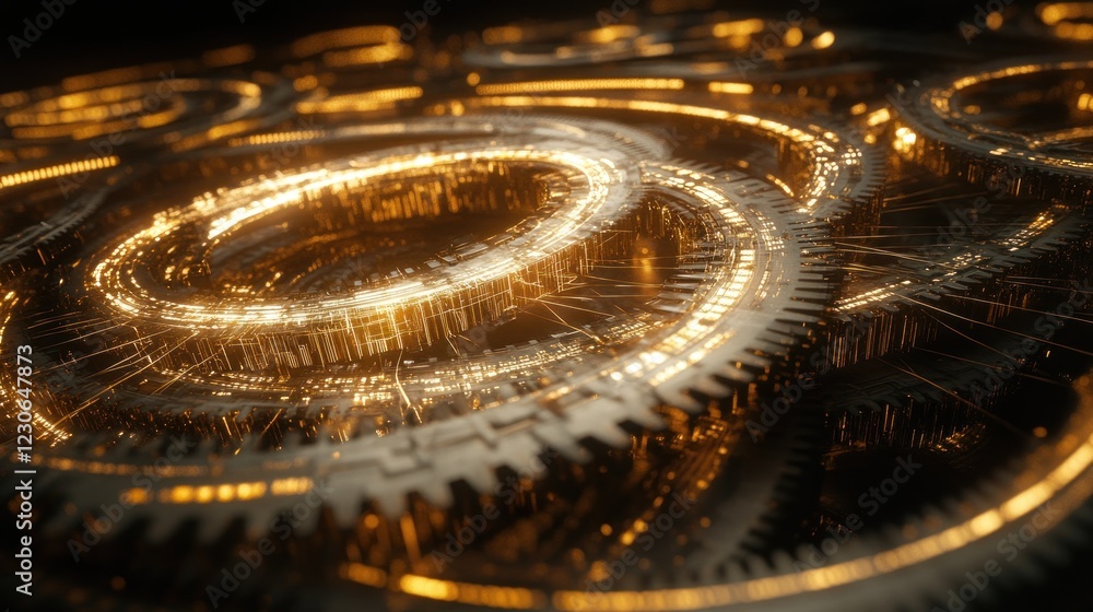 Poster Golden Gears Interlocking In Complex Abstract Design