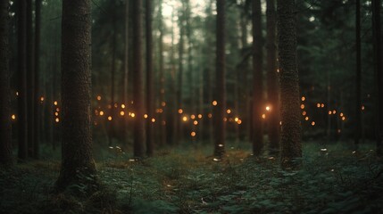 Fototapeta premium Enchanting Forest Lights Glimmering Amongst Trees