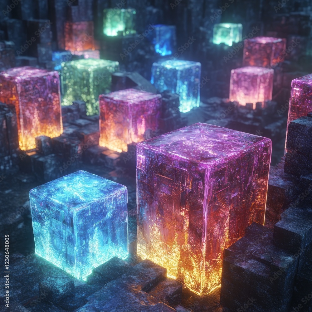Poster vibrant and colorful ice cubes glow in a dark environment, creating a captivating and modern abstrac