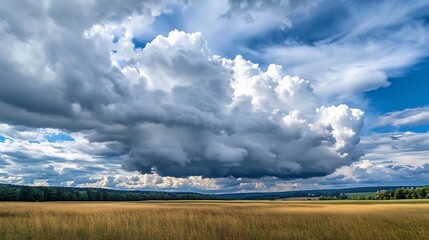 Obraz premium Dramatic summer sky over golden wheat field landscape day sun view farm rural image photo clouds