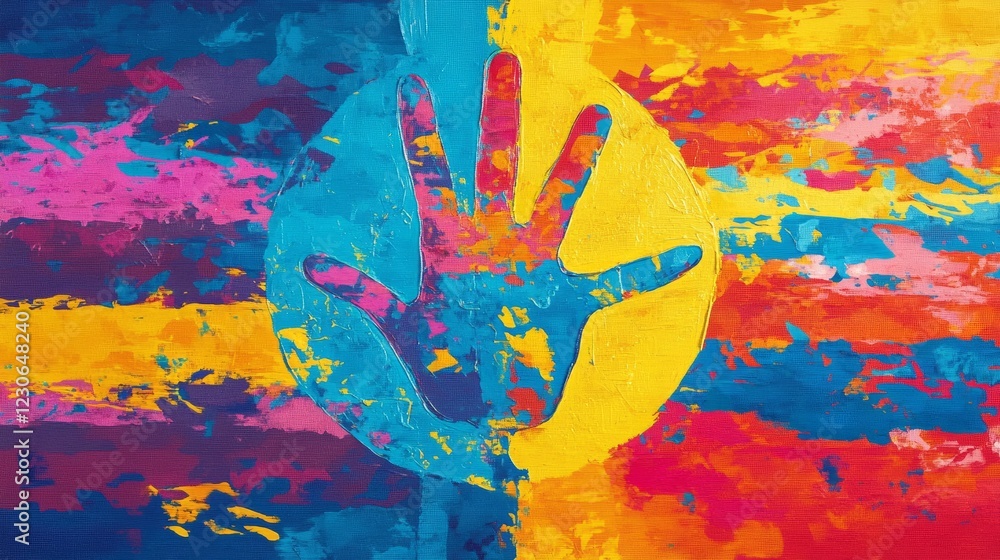 Poster colorful abstract painting featuring a handprint with dynamic brushstrokes in vivid hues, creating a