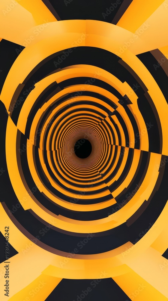 Poster dynamic abstract design featuring vibrant orange and black concentric circles forming a tunnel-like 