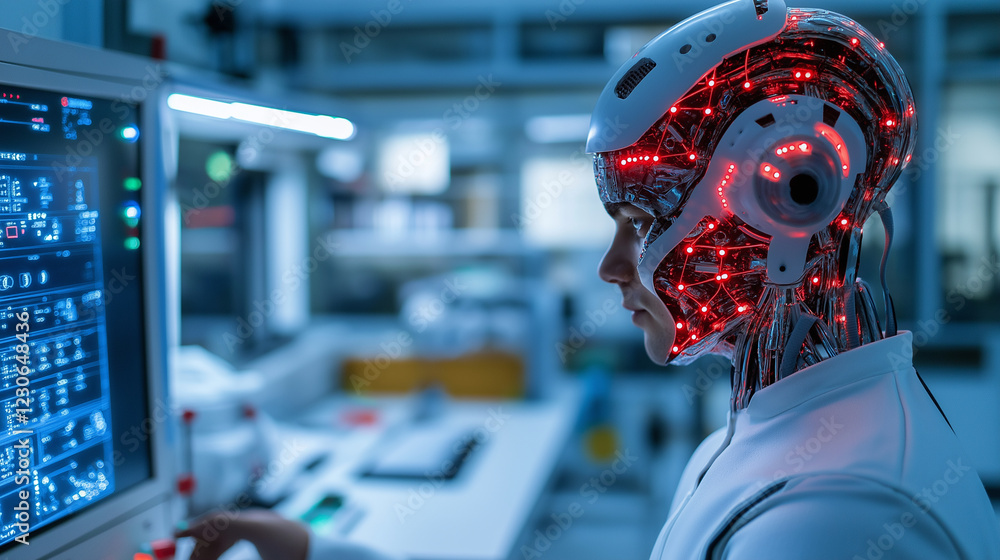 Poster a humanoid robot adjusting controls on a machine, with its glowing sensors reflecting the sterile la