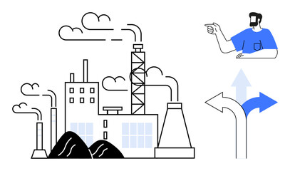 Industrial factory with smokestacks, and clouds of smoke. A man pointing at three directional arrows suggesting choices and pathways. Ideal for industry, environment, direction, management