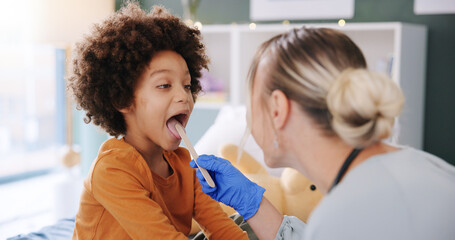 Doctor, child and check throat for diagnosis, tonsils and hospital for infection examination or...