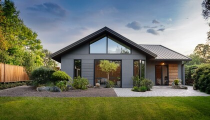 modern grey house with wood accents nestled in a lush green landscape perfect for real estate architecture or home design projects