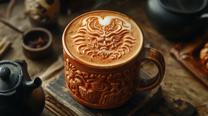 Steaming Latte Art in Ornate Mug on Wooden Table