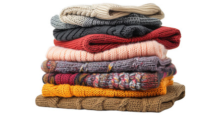 Old and stacked sweaters, isolated on transparent background.