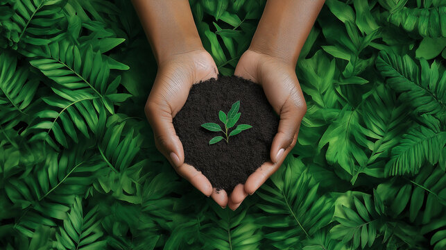 A pair of hands presenting fertile soil with tiny roots peeking through, set against a lush green backdrop.