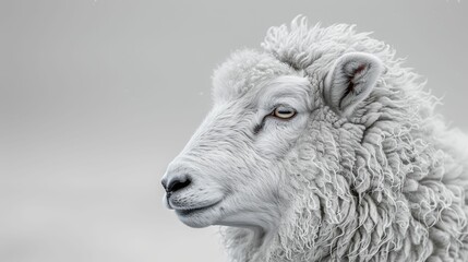 A white sheep with a white face is looking at the camera