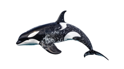 Orca whale jumping out of the ocea water splashing, isolated on transparent background.