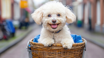 Poodle dog, A playful poodle happily riding in a bicycle basket with flapping ears, captured in high fidelity.