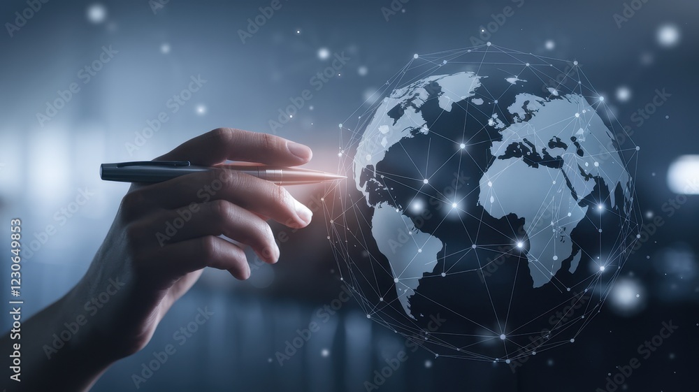 Poster global network connectivity: a hand interacts with a digital world map