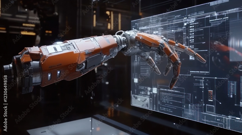 Poster robotic arm interacting with futuristic interface