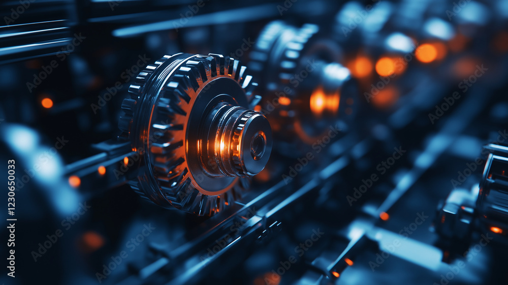 Poster a futuristic industrial machine with glowing gears and cogs operating seamlessly in a high-tech envi