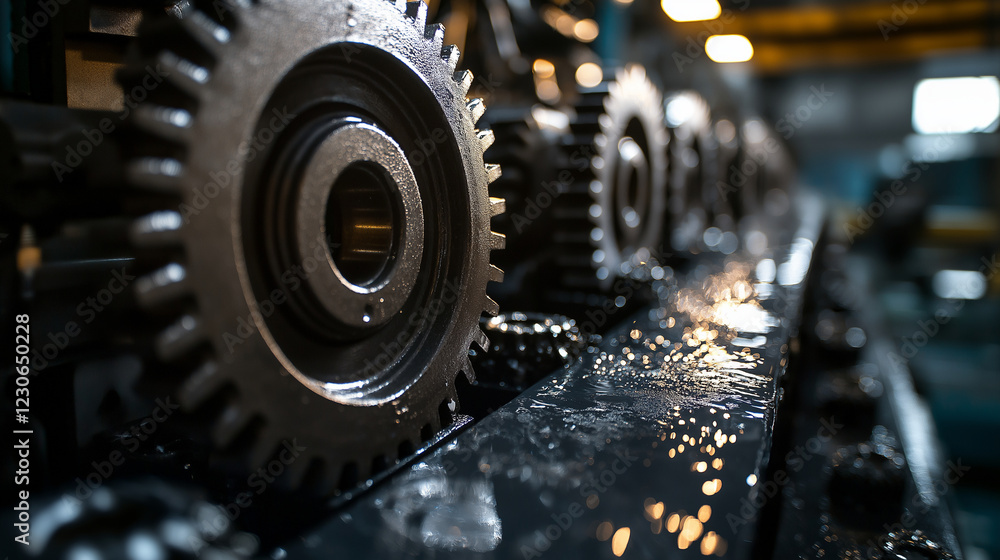 Poster a side view of large gears in motion, coated with a thin layer of grease, set in a mechanical worksh