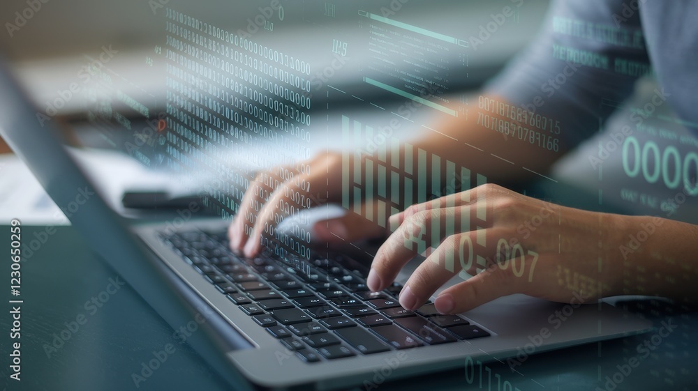Poster data analysis: person typing on laptop with holographic data overlay