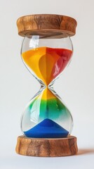 Colorful hourglass on white, time passing, studio shot, background blur, concept image