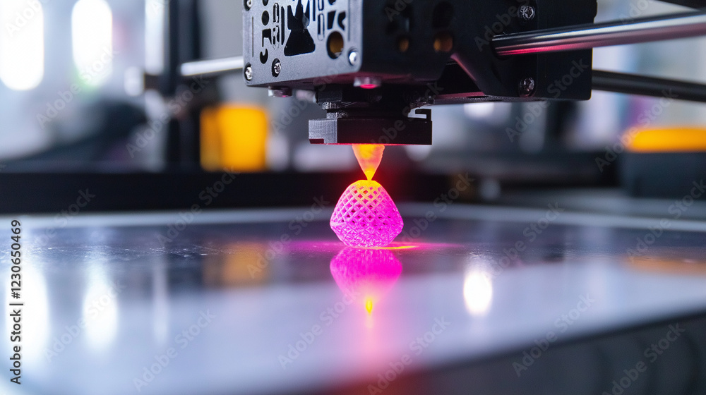 Poster a shot of a 3d printer working on an intricate prototype, with glowing filament flowing from the pri