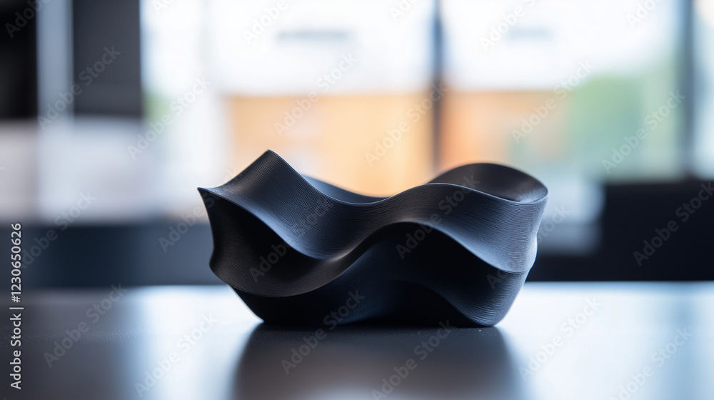 Poster a close-up of a 3d printed object just finished, with smooth curves and clean lines, ready for use.