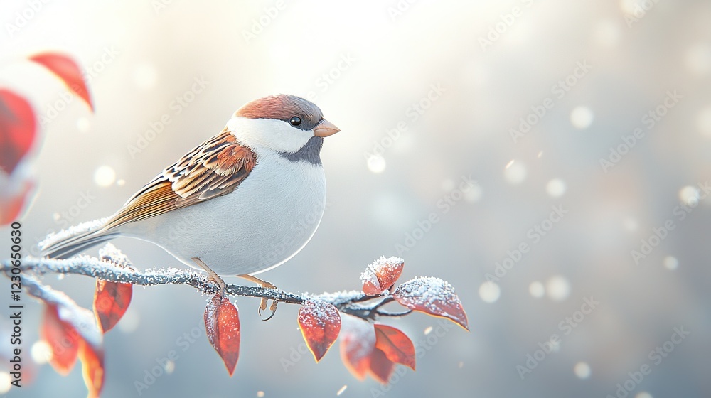 Poster bird on tree branch with snowy branches and red foliage