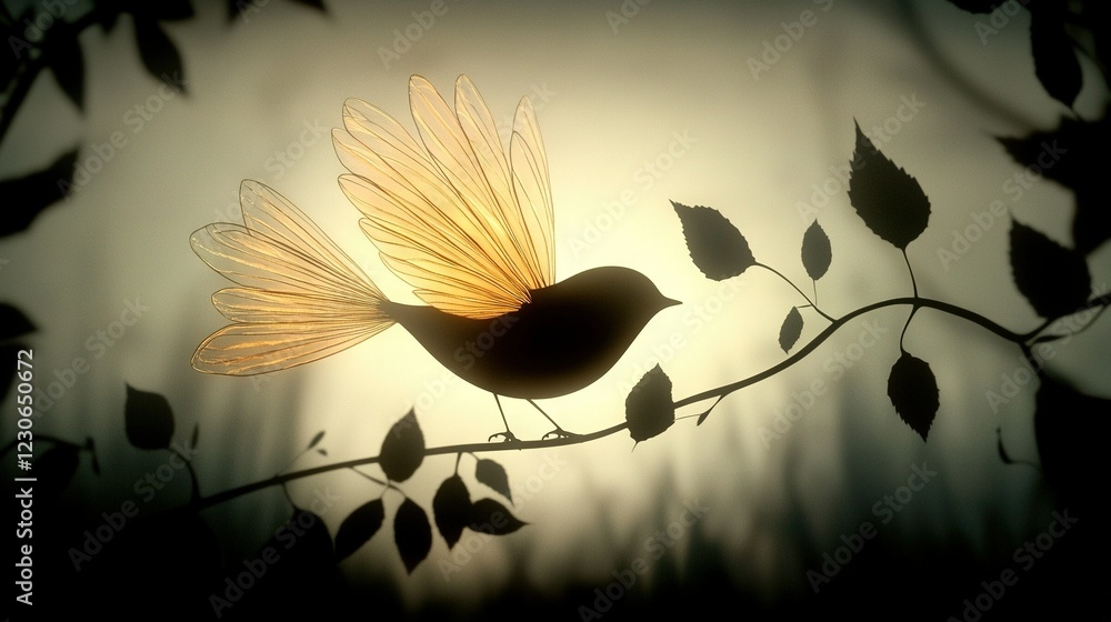 Poster a bird perched atop a tree branch, illuminated from behind by soft lighting that accentuated its fea