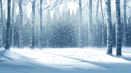 Naklejka premium Snowy Birch Forest Winter Scene Softly Falling Snow