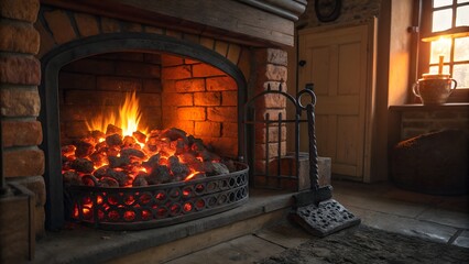 A cozy brick fireplace with burning logs and glowing embers, creating a warm and inviting atmosphere. The flickering flames provide a sense of relaxation and comfort.