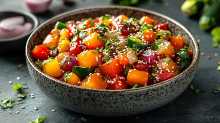 Colorful stir-fry with bell peppers, onions, and zucchini representing vibrant healthy eating modern bright light tone minimalistic blurred background empty caption space on the side


