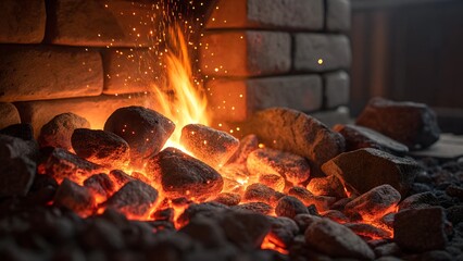 Naklejka premium A cozy brick fireplace with burning logs and glowing embers, creating a warm and inviting atmosphere. The flickering flames provide a sense of relaxation and comfort.