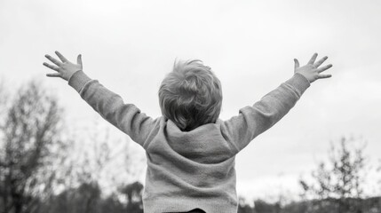 Rear view of a child with arms outstretched, enjoying nature.