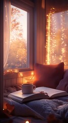 Cozy autumn window seat reading, sunset view