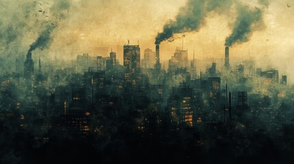 Dark Urban Skyline with Smoke and Pollution in Dusk Background