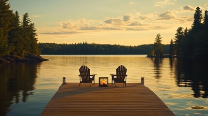 Lakeside Sunset Serenity Two Adirondack Chairs Fire