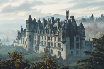 Fototapeta premium Historic castle surrounded by misty mountains and trees at dawn in tranquil setting