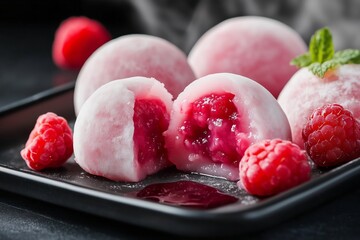 vibrant and exotic presentation of raspberry lychee mochi, their glossy, jewel-toned exteriors reflecting soft light