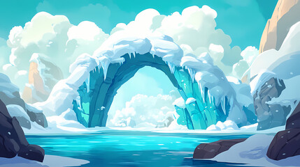 Ice arch over turquoise water, a beautiful arctic scene with puffy clouds. Arctic Arch. Illustration