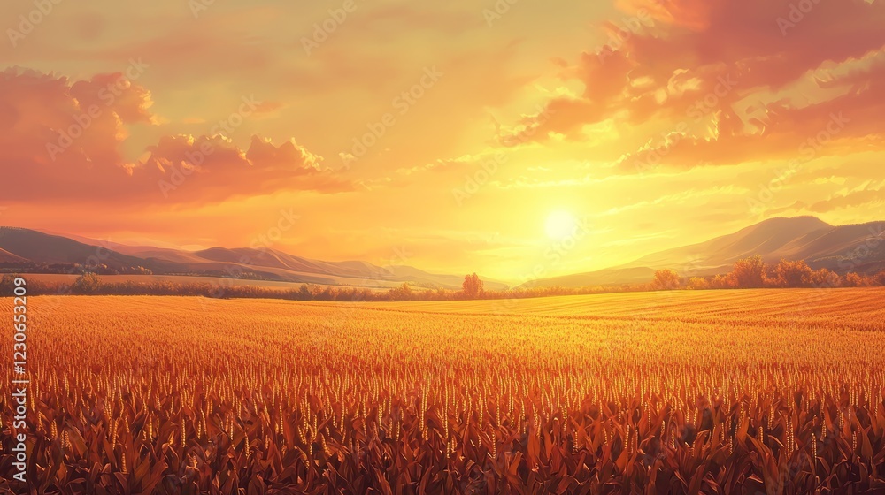 Poster a field of golden corn is illuminated by the setting sun. the sky is filled with clouds, creating a 