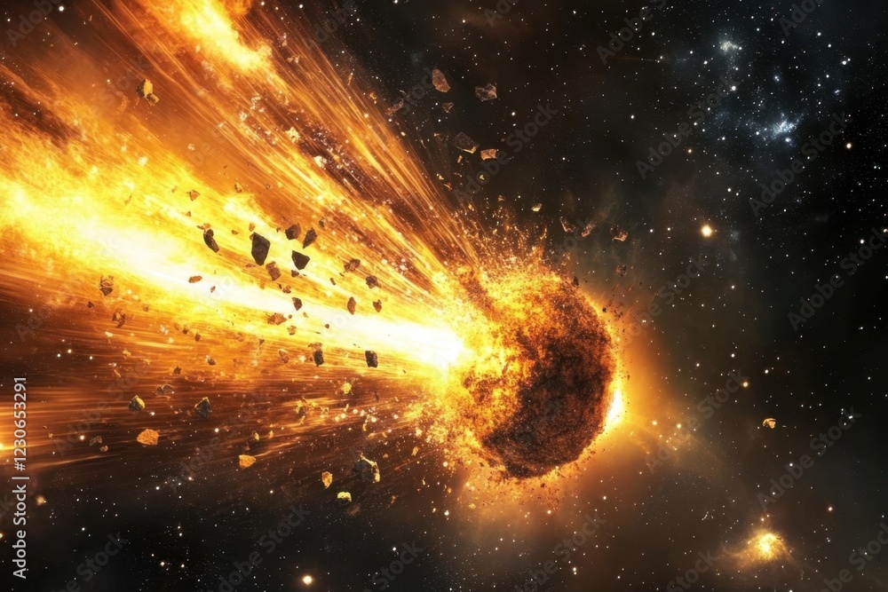 Poster dynamic cosmic event with a fiery asteroid entering space at high velocity