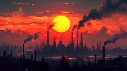 Fototapeta premium Orange And Red Sunset Over Silhouetted Industrial City