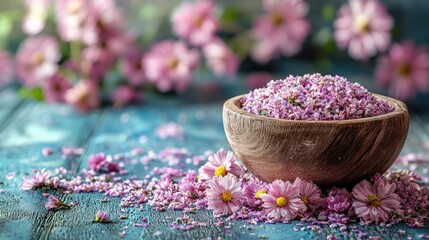Natural Dried Floral Bath Salts in Rustic Bowl on Wooden Table