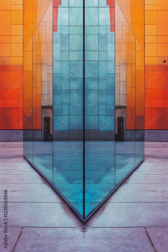 Poster vibrant urban architecture showcasing colorful geometric patterns and reflections on a modern buildi