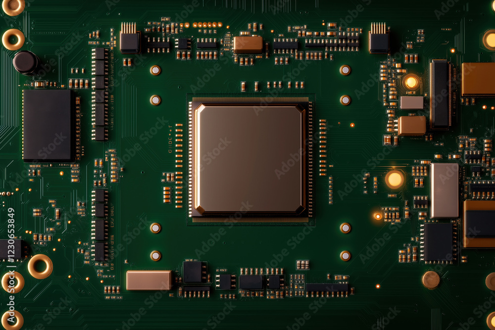 Poster close-up view of a microprocessor on a green circuit board in a tech environment