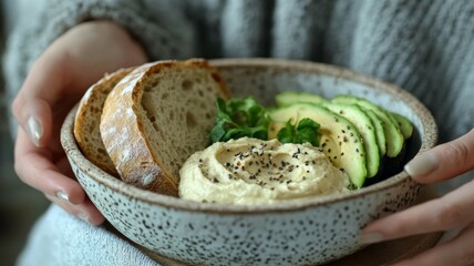 Woman Holding Bowl of Hummus Avocado and Bread