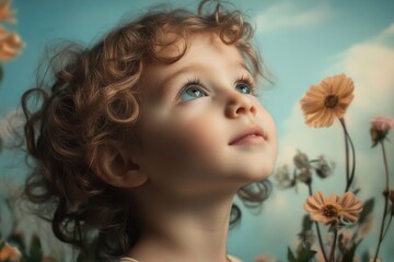 Naklejka premium Young child gazing upward with wonder amidst colorful flowers in a serene setting