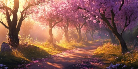 Enchanted Spring Path in a Blossom Garden