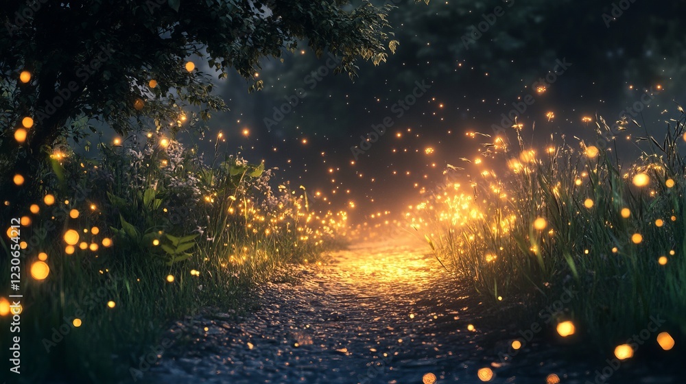 Poster a serene forest path lit by the warm glow of fireflies, creating a magical and enchanting atmosphere