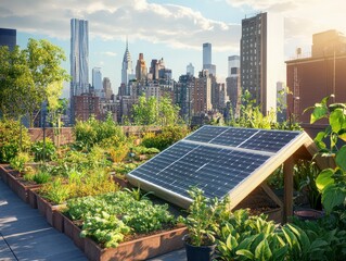 Fototapeta premium A rooftop garden filled with lush plants and solar panels, urban skyline in the background, vibrant green colors, sunny atmosphere